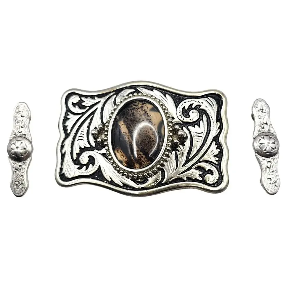 Western Belt Buckle Dendritic Agate Cabochon Silver Engraved Accents Side Pieces